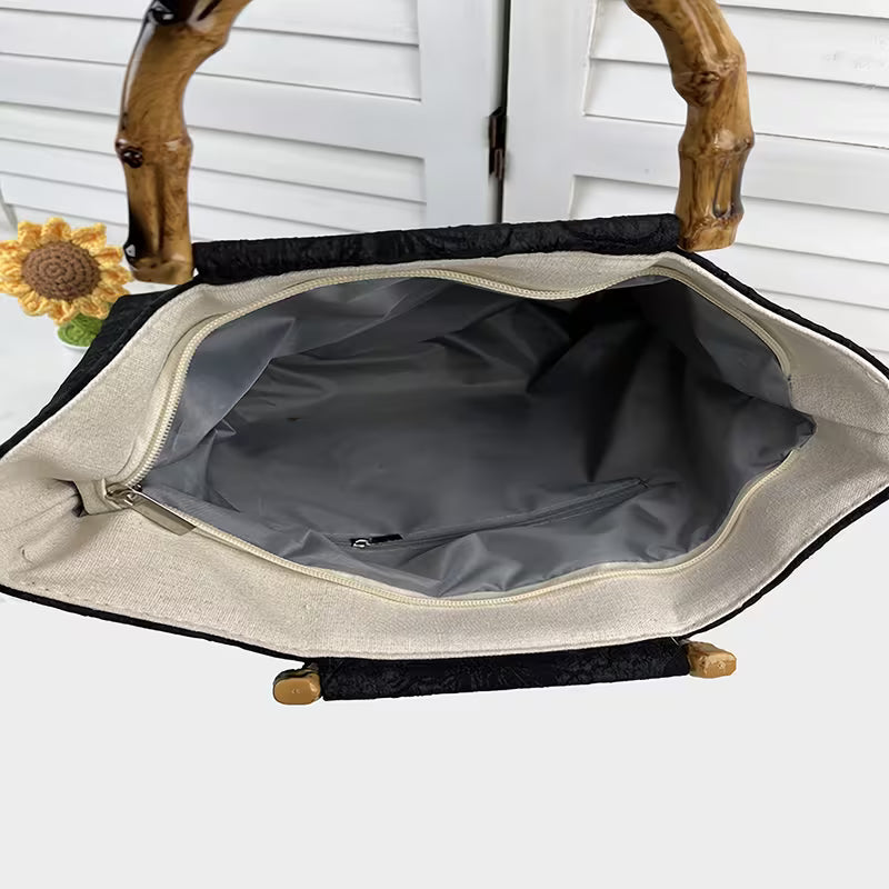 Large Black Floral Tote with Bamboo Handles