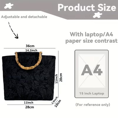 Large Black Floral Tote with Bamboo Handles