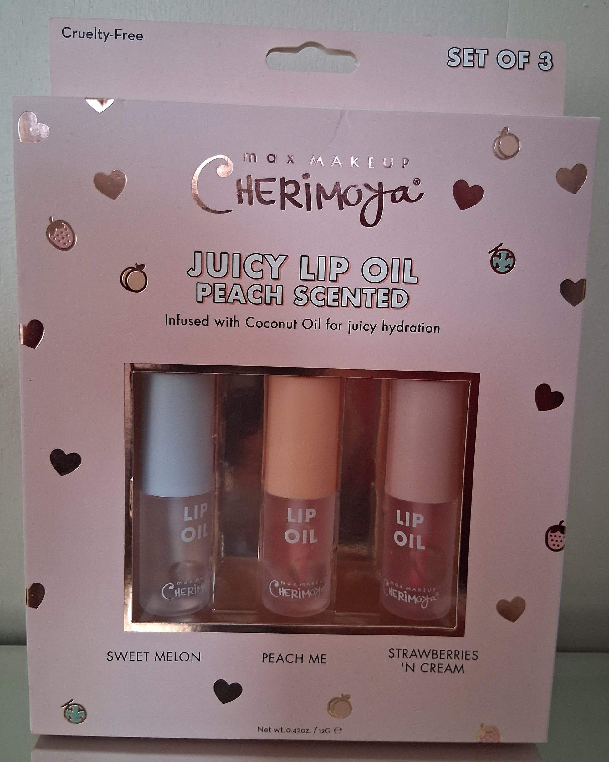 Max Makeup Cherimoya Juicy Lip Oil Set - Peach Scented 3-Pack with Coconut Oil - The Rooster Bear ShopMax Makeup Cherimoya Juicy Lip Oil Set - Peach Scented 3-Pack with Coconut OilLip CareMax MakeupThe Rooster Bear Shop1