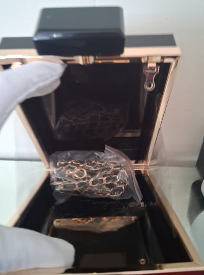 Paris Perfume Bottle Statement Clutch - Black & Gold Acrylic Evening Bag with Chain