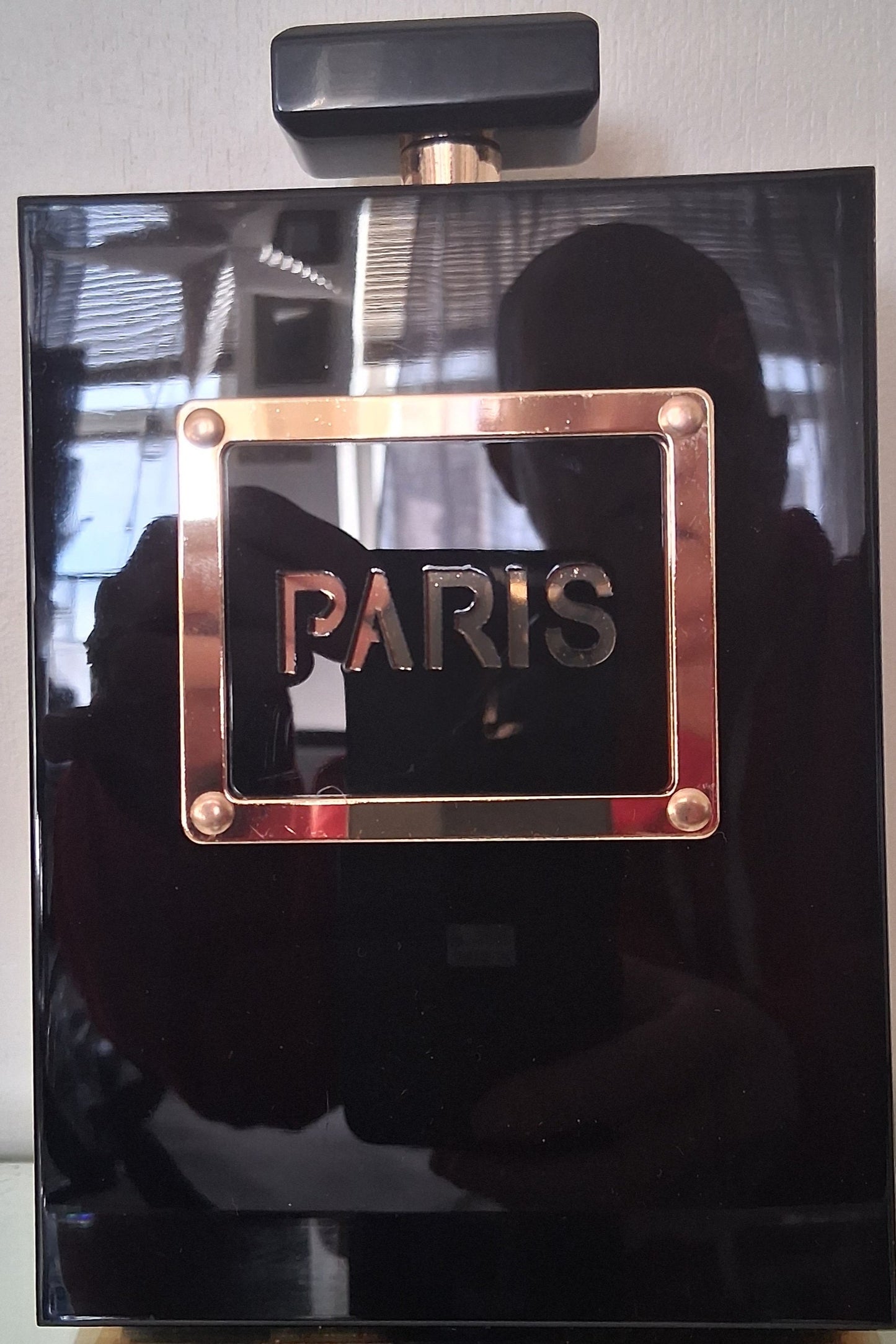 Paris Perfume Bottle Statement Clutch - Black & Gold Acrylic Evening Bag with Chain