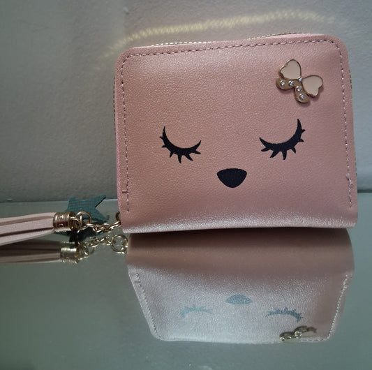 Sleepy Kitty PU Leather Wallet with Bow and Tassel