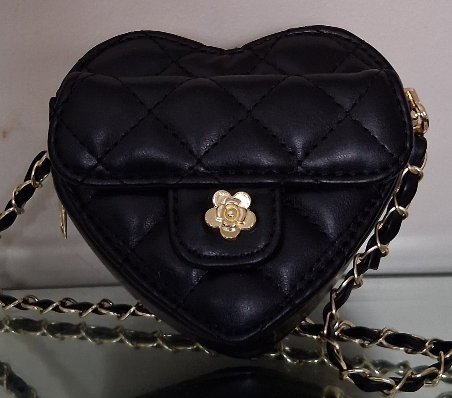 Small Quilted Heart Crossbody Bag with Gold Chain Strap