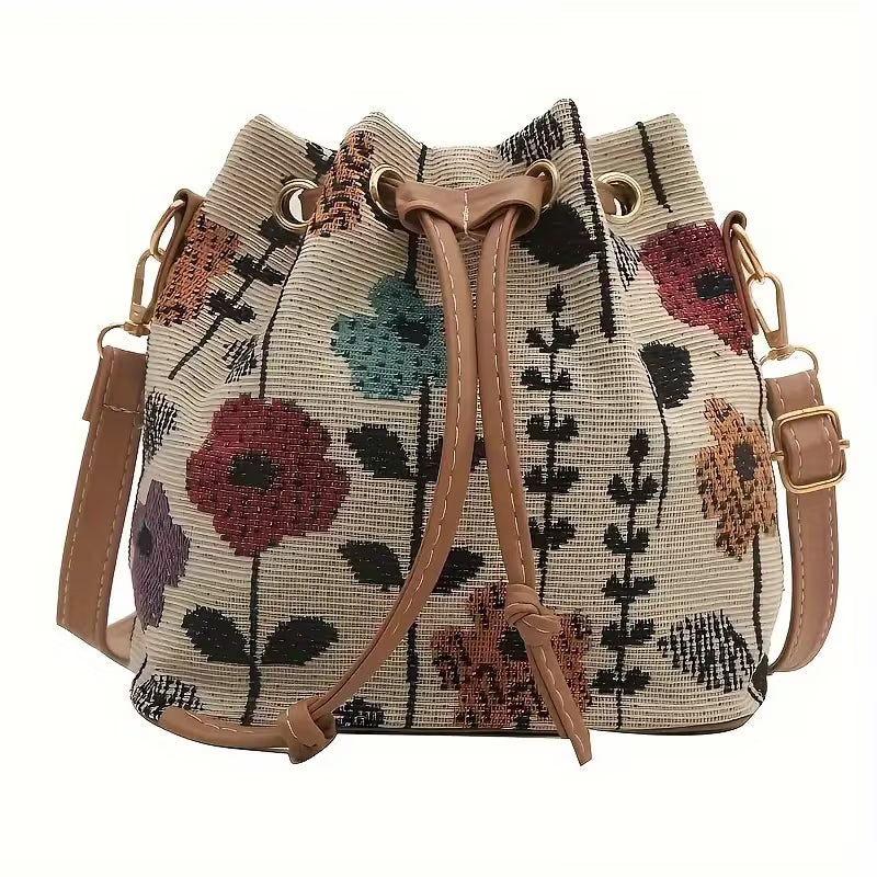 Floral Drawstring Bucket Bag with Crossbody Strap