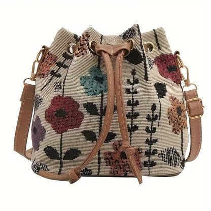 Floral Drawstring Bucket Bag with Crossbody Strap
