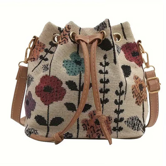 Floral Drawstring Bucket Bag with Crossbody Strap