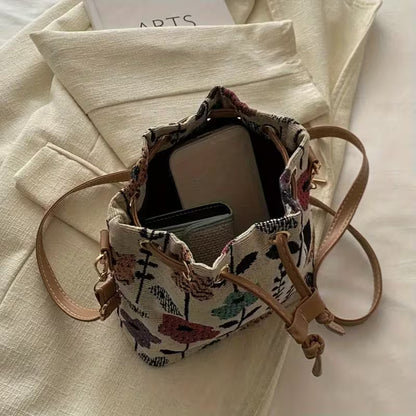 Floral Drawstring Bucket Bag with Crossbody Strap